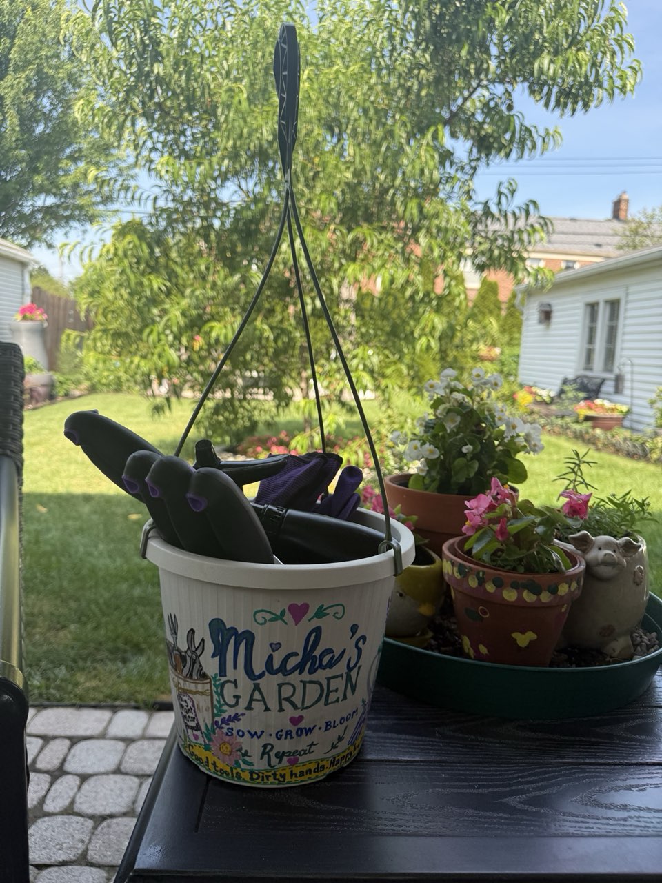 Personalized “Micha's Garden” hand-painted tool basket